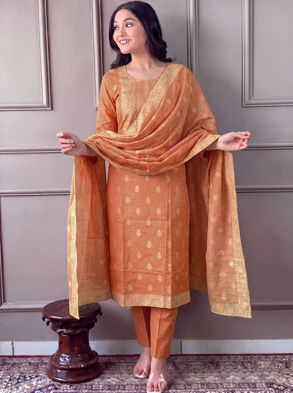 Orange_Cotton_Straight_Embroidered_Kurta_Set_For_Women