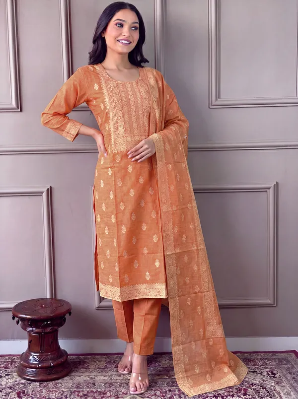 Orange_Cotton_Straight_Embroidered_Kurta_Set_For_Women