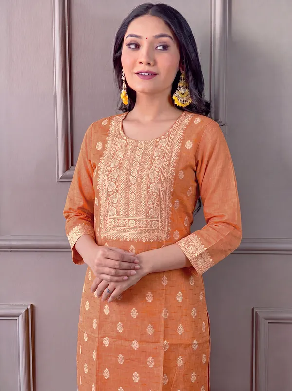 Orange_Cotton_Straight_Embroidered_Kurta_Set_For_Women