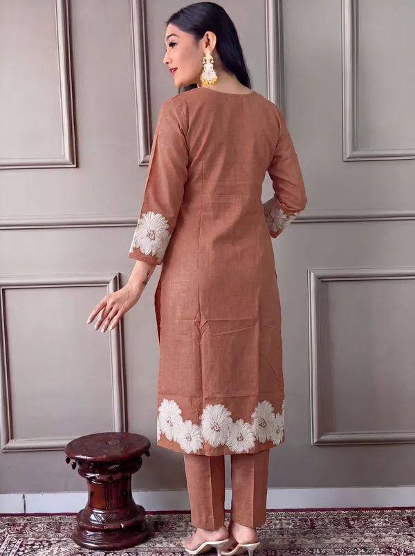 Brown_Cotton_Straight_Embroidered_Kurta_Set_For_Women