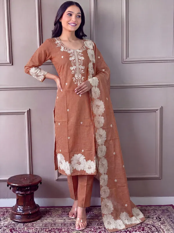 Brown_Cotton_Straight_Embroidered_Kurta_Set_For_Women