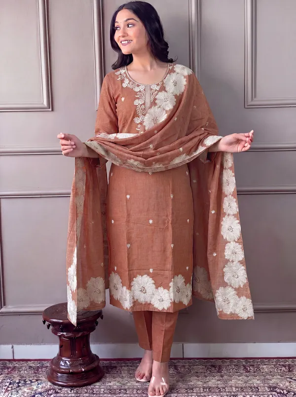 Brown_Cotton_Straight_Embroidered_Kurta_Set_For_Women