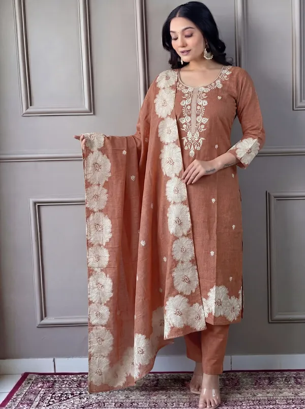 Brown_Cotton_Straight_Embroidered_Kurta_Set_For_Women
