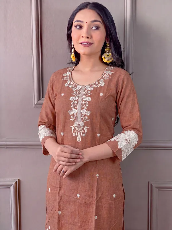 Brown_Cotton_Straight_Embroidered_Kurta_Set_For_Women