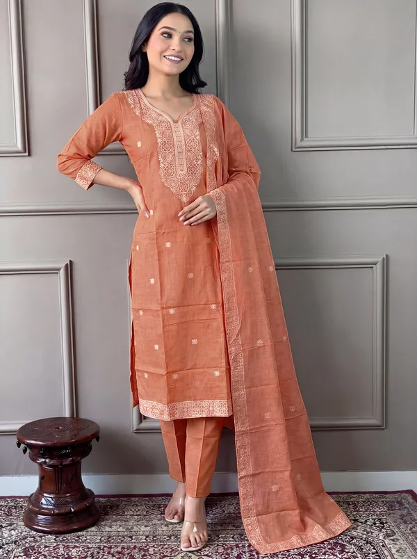 Brown_Cotton_Straight_Embroidered_Kurta_Set_For_Women