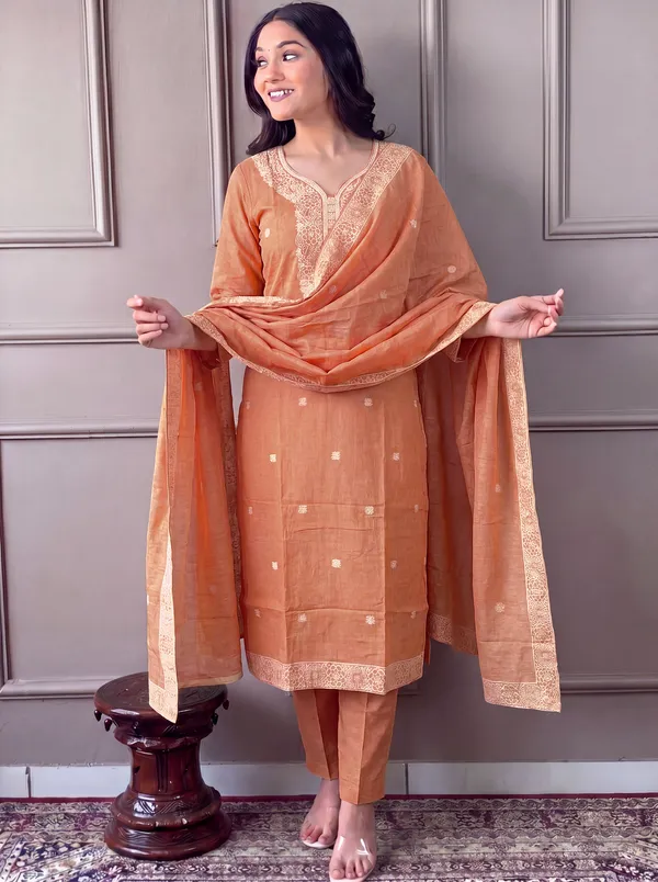 Brown_Cotton_Straight_Embroidered_Kurta_Set_For_Women