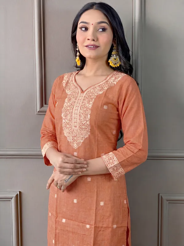 Brown_Cotton_Straight_Embroidered_Kurta_Set_For_Women
