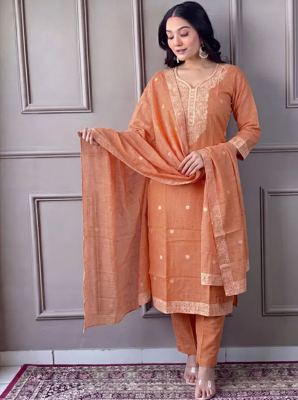 Brown_Cotton_Straight_Embroidered_Kurta_Set_For_Women