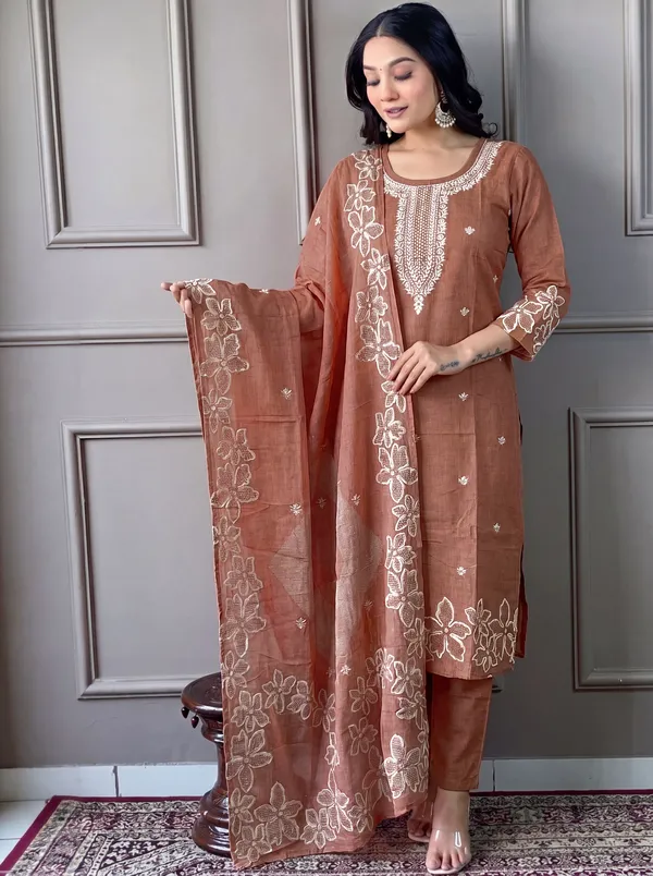 Brown_Cotton_Straight_Embroidered_Kurta_Set_For_Women