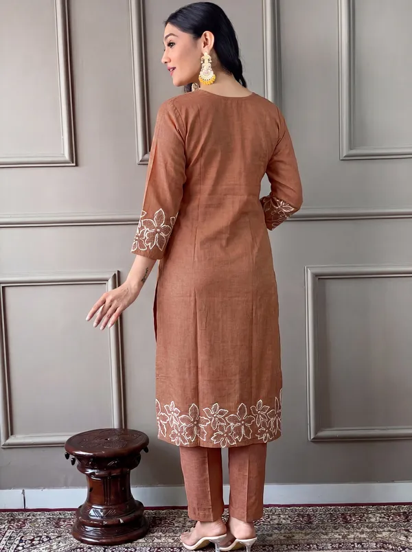 Brown_Cotton_Straight_Embroidered_Kurta_Set_For_Women