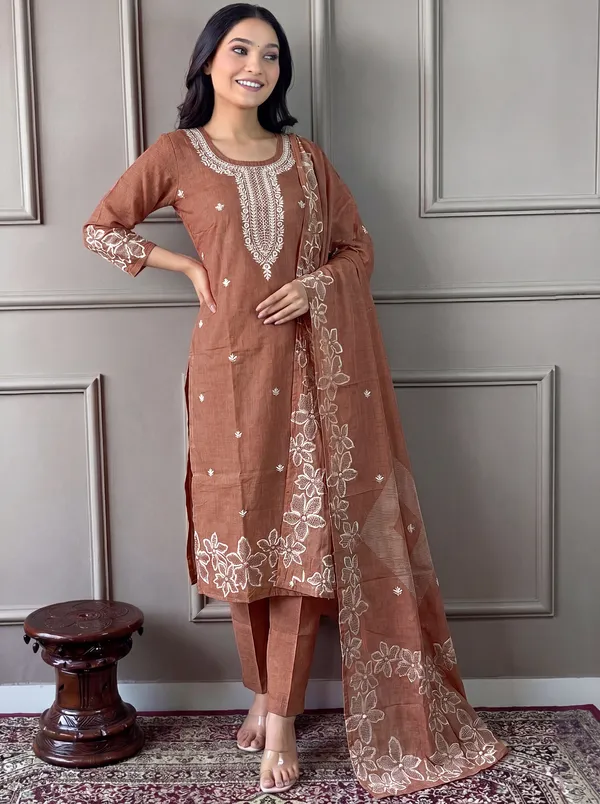 Brown_Cotton_Straight_Embroidered_Kurta_Set_For_Women