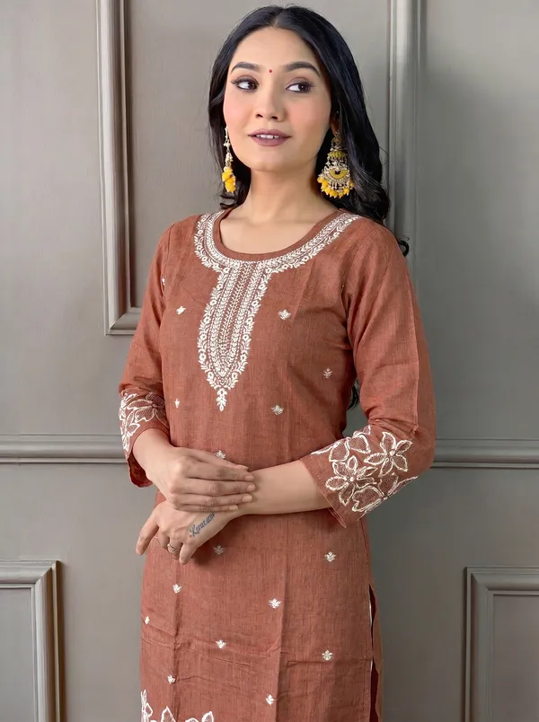 Brown_Cotton_Straight_Embroidered_Kurta_Set_For_Women
