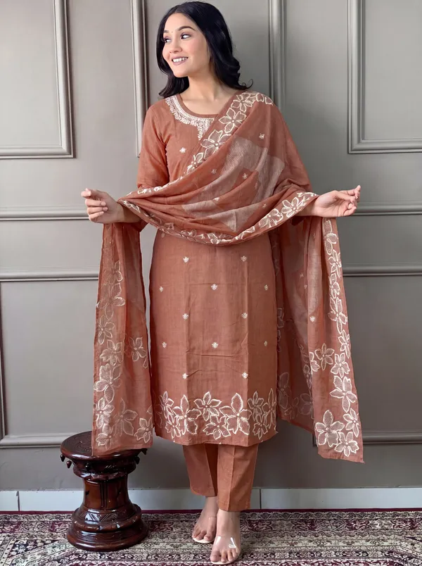 Brown_Cotton_Straight_Embroidered_Kurta_Set_For_Women