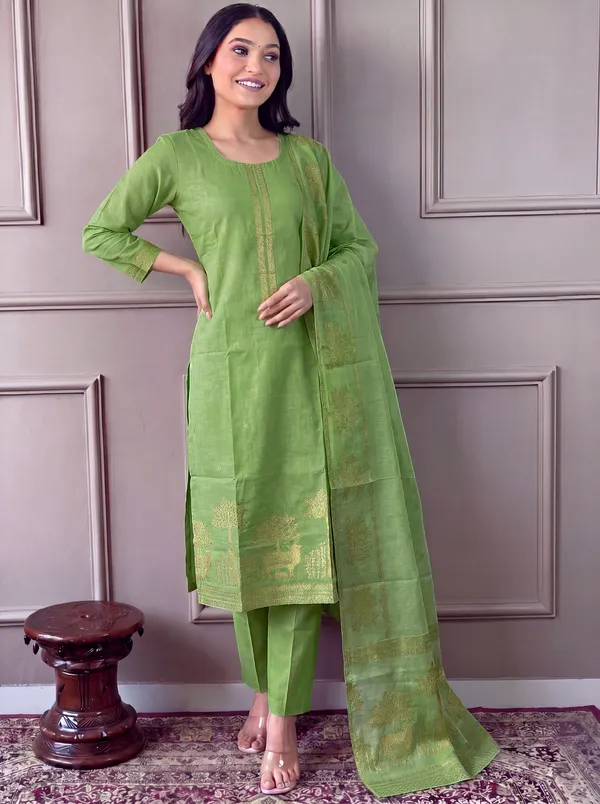 Green_Cotton_Straight_Embroidered_Kurta_Set_For_Women