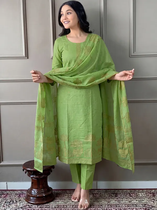 Green_Cotton_Straight_Embroidered_Kurta_Set_For_Women