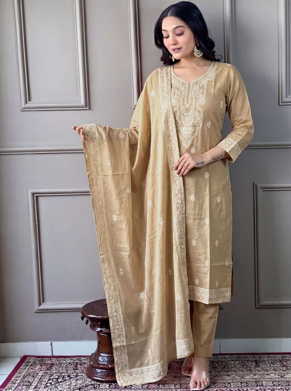 Gold_Cotton_Straight_Embroidered_Kurta_Set_For_Women
