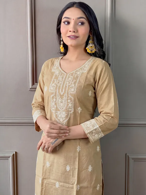 Gold_Cotton_Straight_Embroidered_Kurta_Set_For_Women