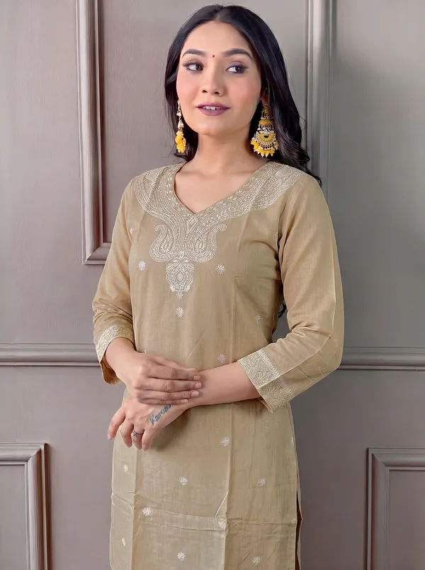 Gold_Cotton_Straight_Embroidered_Kurta_Set_For_Women