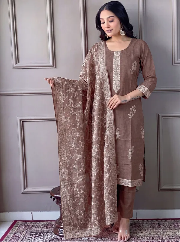 Brown_Cotton_Straight_Embroidered_Kurta_Set_For_Women