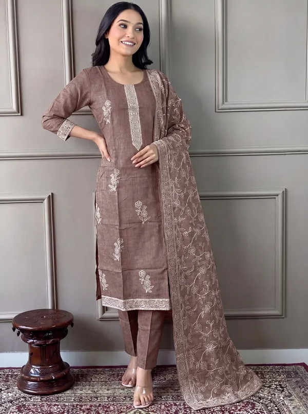 Brown_Cotton_Straight_Embroidered_Kurta_Set_For_Women