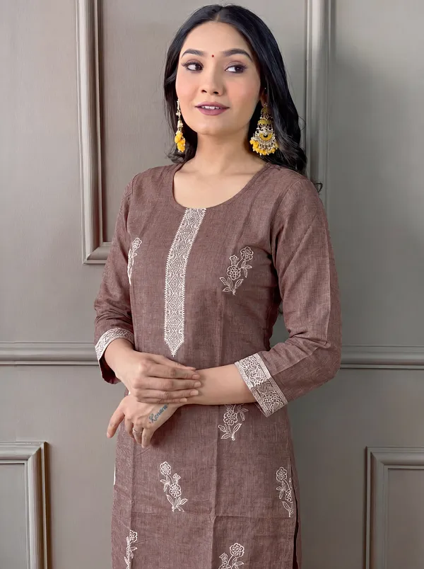 Brown_Cotton_Straight_Embroidered_Kurta_Set_For_Women