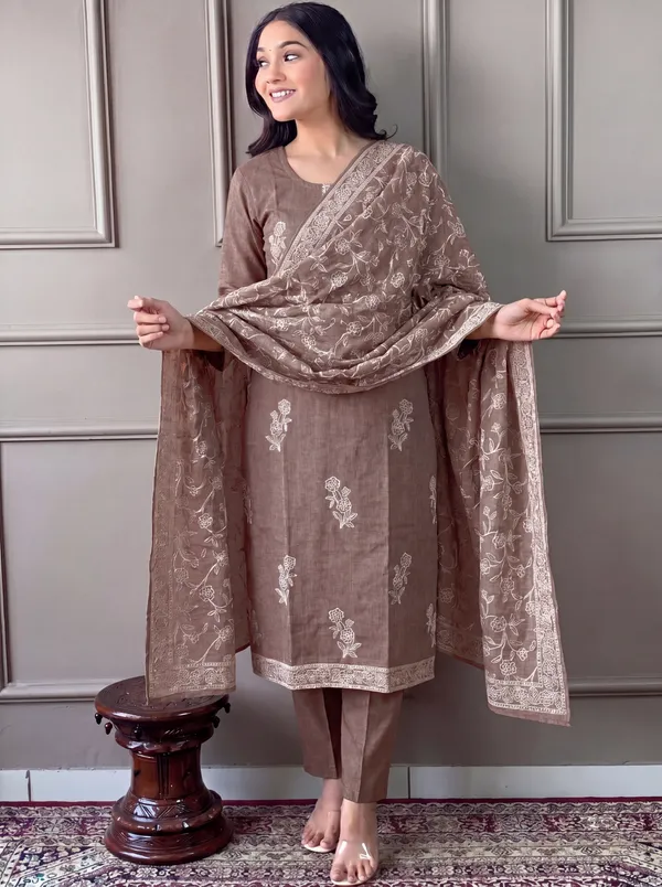 Brown_Cotton_Straight_Embroidered_Kurta_Set_For_Women