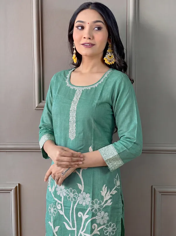 Green_Cotton_Straight_Embroidered_Kurta_Set_For_Women