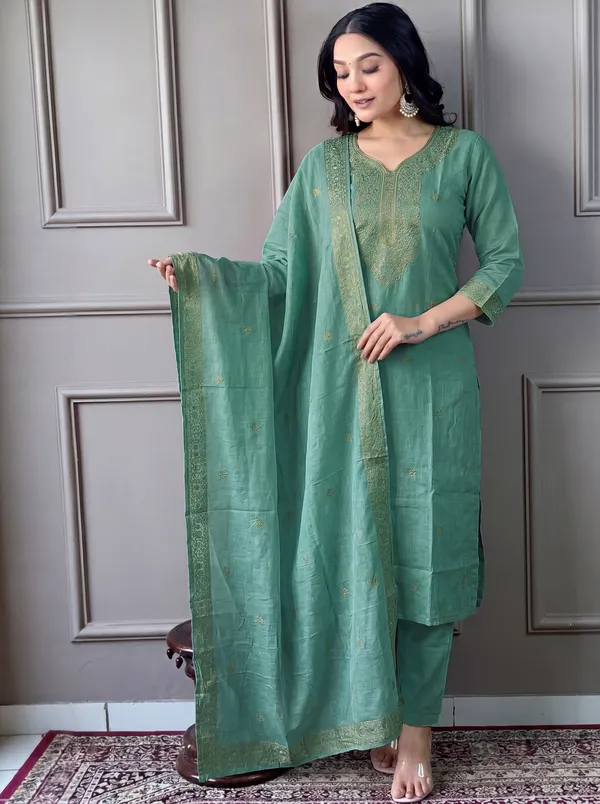 Green_Cotton_Straight_Embroidered_Kurta_Set_For_Women
