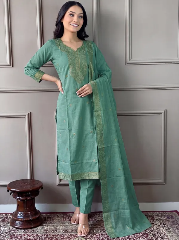 Green_Cotton_Straight_Embroidered_Kurta_Set_For_Women
