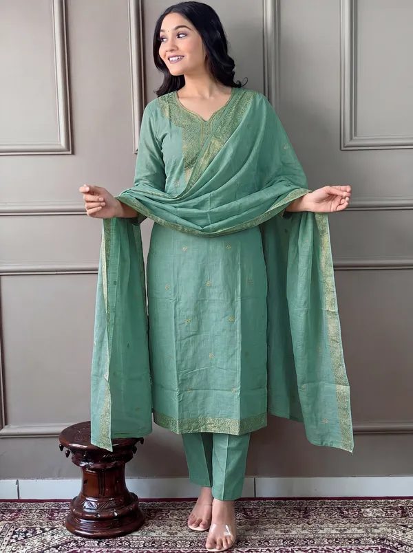Green_Cotton_Straight_Embroidered_Kurta_Set_For_Women