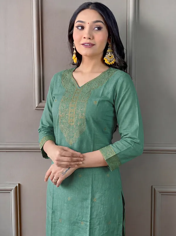 Green_Cotton_Straight_Embroidered_Kurta_Set_For_Women
