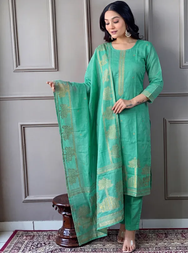 Green_Cotton_Straight_Embroidered_Kurta_Set_For_Women