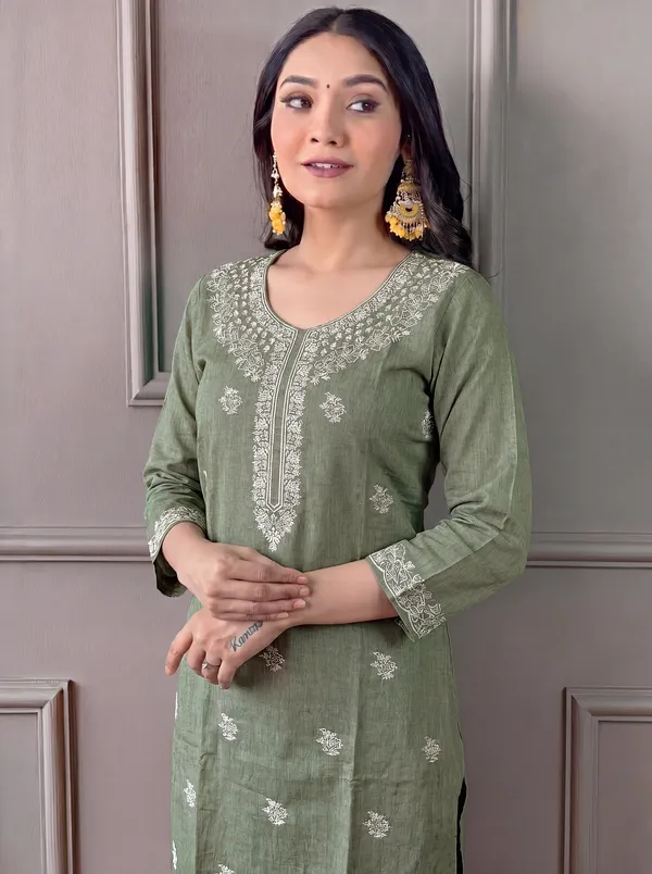 Green_Cotton_Straight_Embroidered_Kurta_Set_For_Women