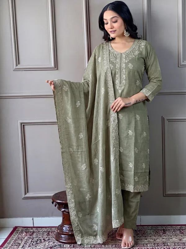 Green_Cotton_Straight_Embroidered_Kurta_Set_For_Women