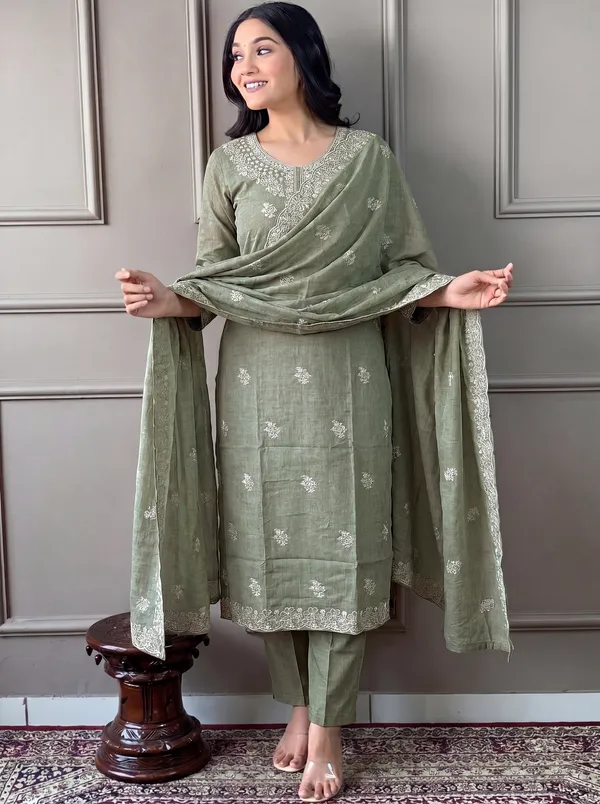 Green_Cotton_Straight_Embroidered_Kurta_Set_For_Women