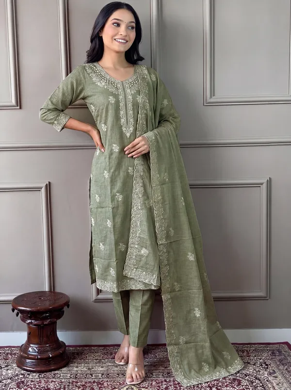 Green_Cotton_Straight_Embroidered_Kurta_Set_For_Women