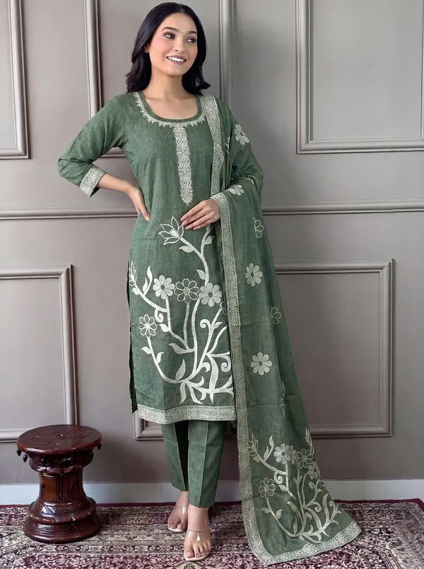Green_Cotton_Straight_Embroidered_Kurta_Set_For_Women