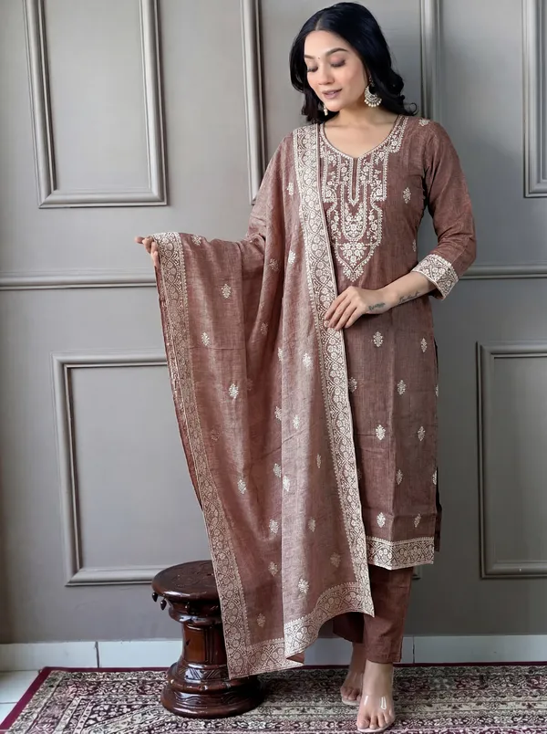 Brown_Cotton_Straight_Embroidered_Kurta_Set_For_Women