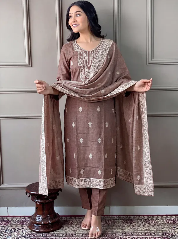Brown_Cotton_Straight_Embroidered_Kurta_Set_For_Women