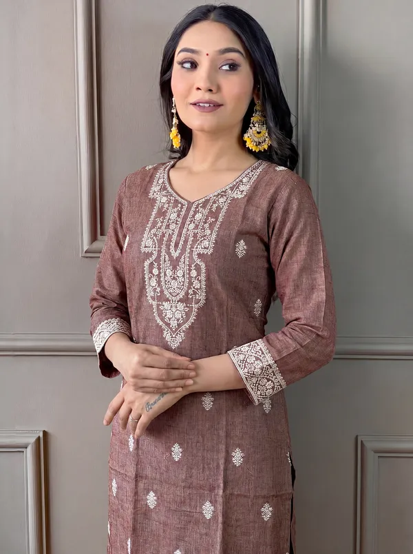 Brown_Cotton_Straight_Embroidered_Kurta_Set_For_Women