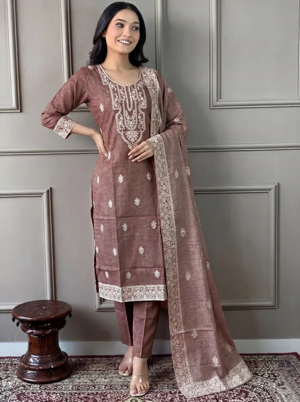 Brown_Cotton_Straight_Embroidered_Kurta_Set_For_Women