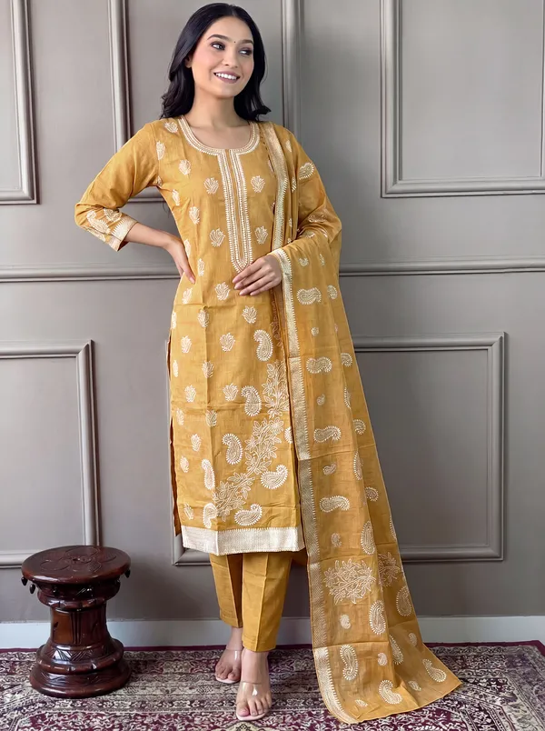 Yellow_Cotton_Straight_Embroidered_Kurta_Set_For_Women