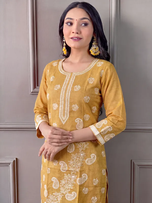 Yellow_Cotton_Straight_Embroidered_Kurta_Set_For_Women