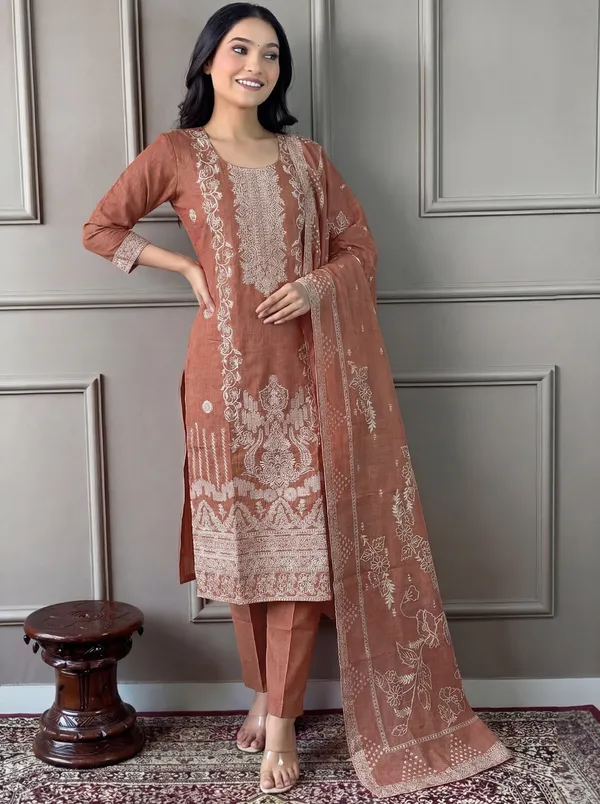 Brown_Cotton_Straight_Embroidered_Kurta_Set_For_Women