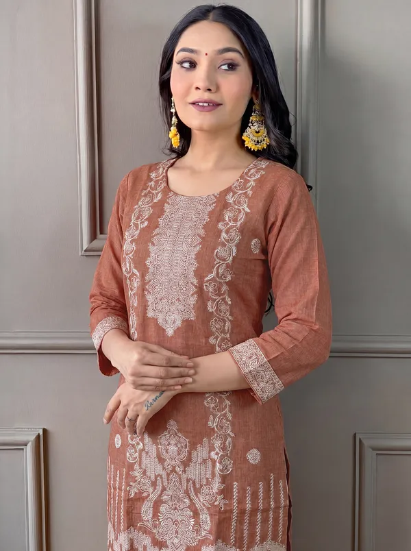 Brown_Cotton_Straight_Embroidered_Kurta_Set_For_Women