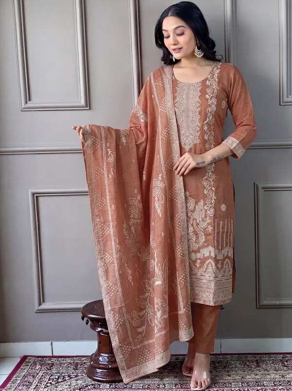 Brown_Cotton_Straight_Embroidered_Kurta_Set_For_Women