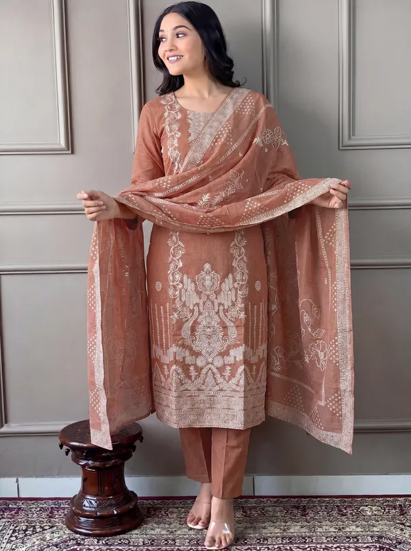 Brown_Cotton_Straight_Embroidered_Kurta_Set_For_Women