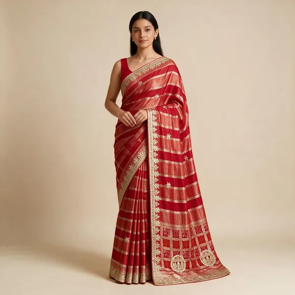 Red_Mix_Chiffon_Zari_Striped_Saree_With_Blouse_For_Women