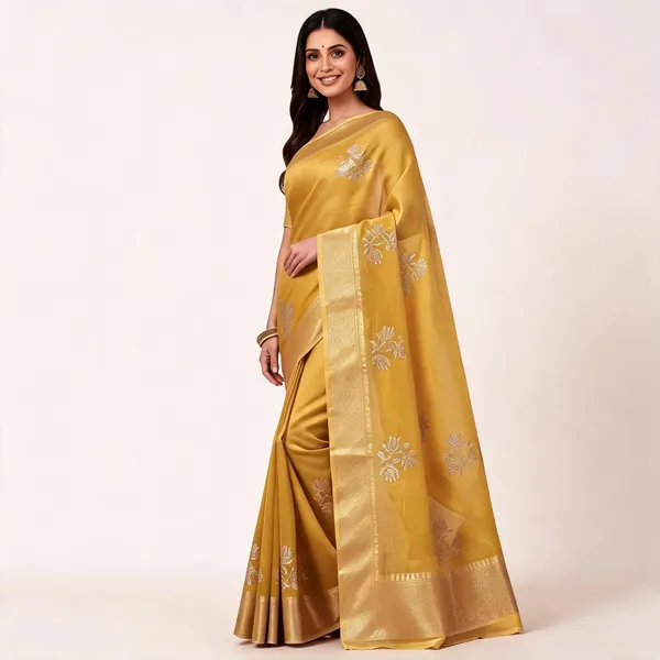 Mustard_Mix_Chiffon_Floral_Saree_With_Blouse_For_Women