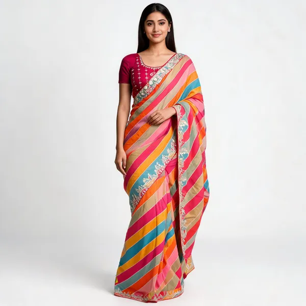 Multicolor_Mix_Chiffon_Striped_Saree_With_Blouse_For_Women